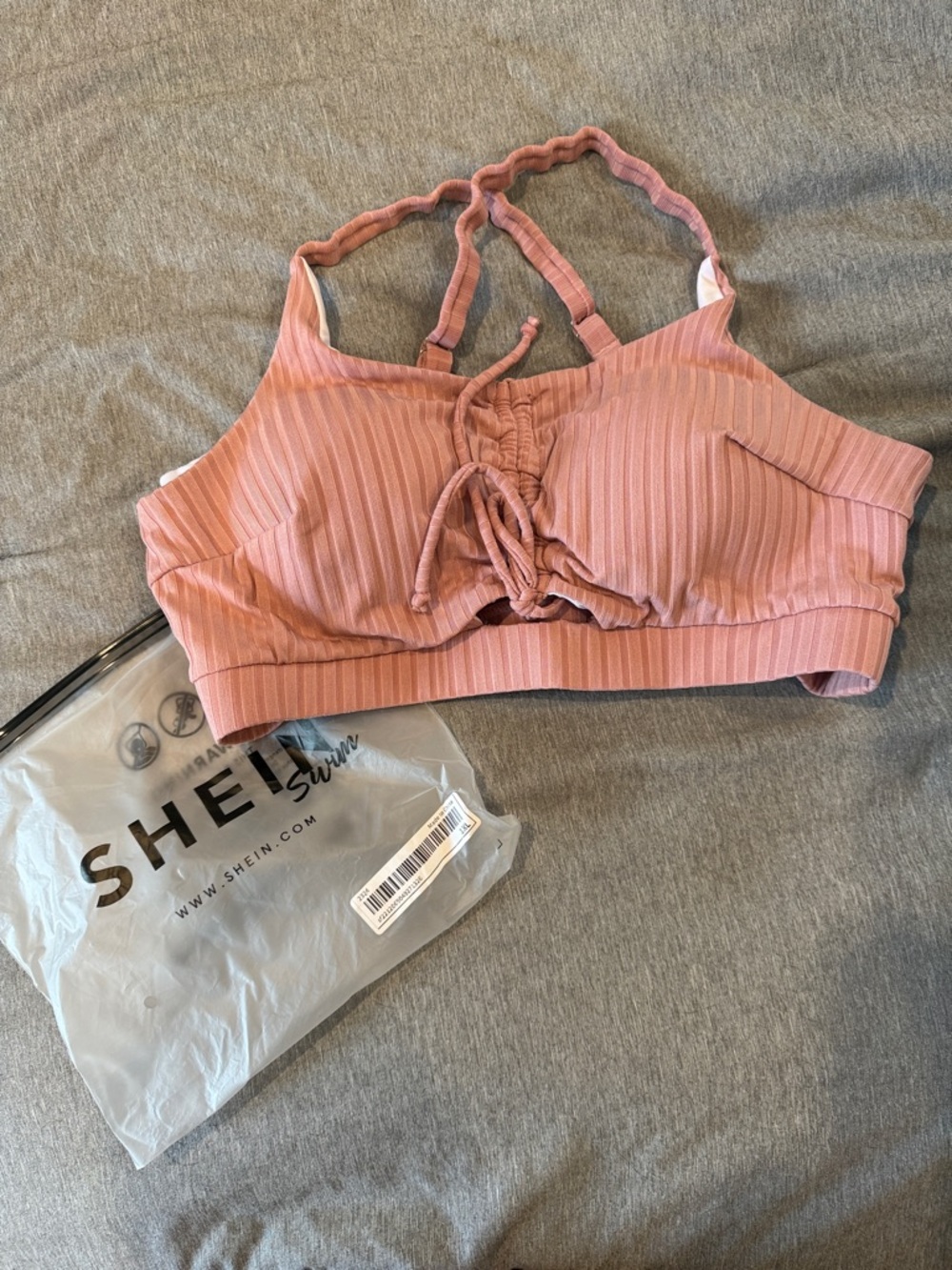 SHEIN Rose Ribbed Lace-Up Bralette Bikini Top